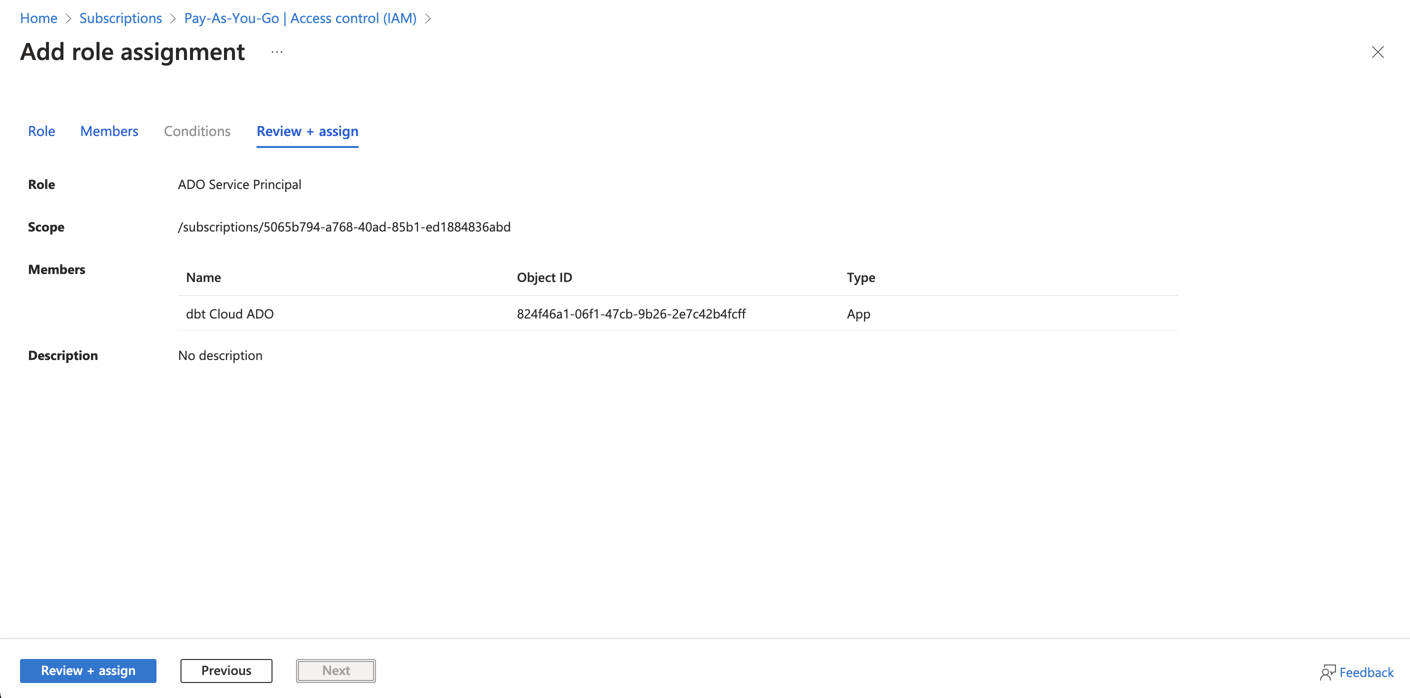 Review screen with the app service principal and permissions. Review screen with the app service principal and permissions.
